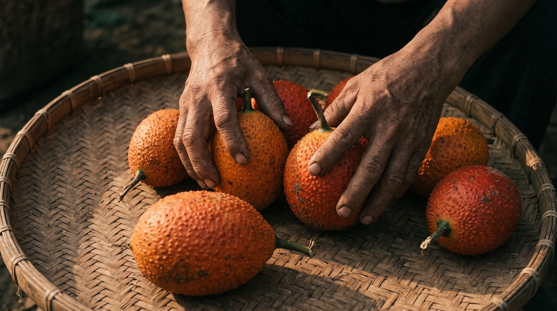 Nông dân thu hoạch gấc chín Tây Ninh